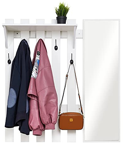 Meerveil Wandgarderobe mit Spiegel, 5 Haken, Weiß, 100x22x106 cm | Holz. Ablage für Schlüssel & Kleinigkeiten. Ideal für Flur und Diele. Platzsparend, stabil.