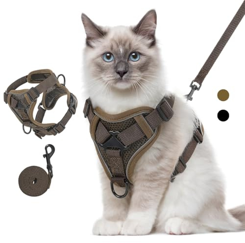 VavoPaw Katze Geschirr und Leinen-Set für Kätzchen, Welpen, Spaziergänge | Verstellbar Katzengeschirr mit Reflektierend Streifen Atmungsaktiv Mesh, Fluchtsicher Haustier Sicherheitsweste(Kaffee,M)