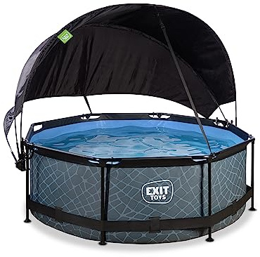 EXIT Toys Stone Pool mit Sonnensegel - ø244x76cm - Kompakte, Runder Rahmenpool mit Kartuschenfilterpumpe - Optimaler UV-Schutz - Leicht Zugänglich - Starker Rahmen - Einzigartiges Design - Grau