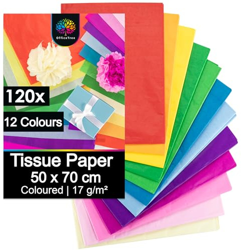 OfficeTree 120 Blatt Seidenpapier 50x70 cm - 12 Farben - 17g/m² - Seidenpapier Bunt zum Basteln - Verpackungsmaterial für Geschenktüten - Verpackung - groß