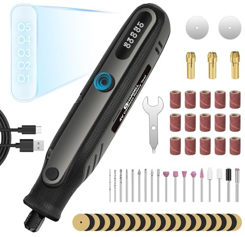 HARDELL 4V Akku Multifunktionswerkzeug Set, 5 Gang Rotationswerkzeug (Max 18000 U/min), Digitalanzeige Gravur Gerät mit 69 Stück Zubehör zum Bohren, Gravieren, Polieren, Schleifen, Schneiden(Schwarz)