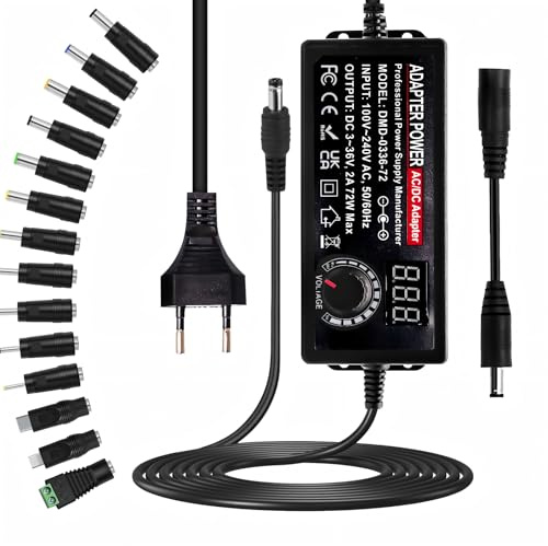 Universal Netzteil 3V-36V, 2A 72W Einstellbares netzteil AC/DC 100V-240V Verstellbarer Netzteils Adapter mit LED Spannungsanzeige und 14 Tipps für Haushaltselektronik, DC Motor DVD, 2A Max
