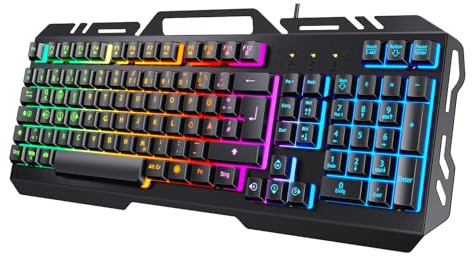 TedGem Gaming Tastatur, PC USB Kabelgebunden Tastaturs, 19 Schlüssel Anti-Ghosting mit Rainbow LED Beleuchtete, Handy Halter, Robust Metal Frame Für PC/Laptop/PS4/Xbox (Deutsches Layout)