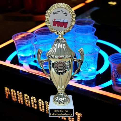 Beer Pong Pokal 28,5 cm - Trophäe mit Wunschtext für Trinkspiel Champion | Individuelle Gravur auf Marmorsockel, Award für Partys und Turniere, fertig montierte Siegerehrung aus robustem Kunststoff