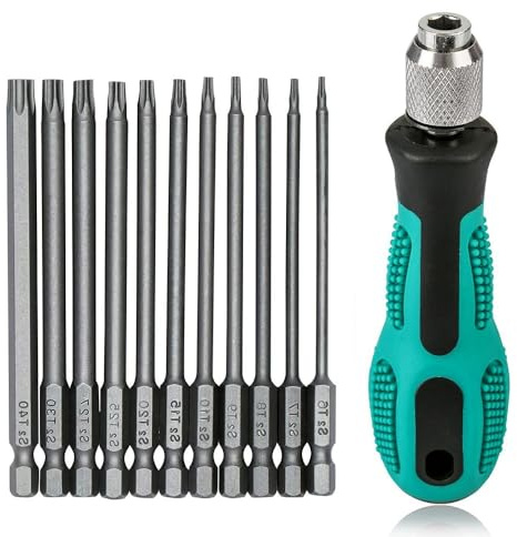 12 Stück Torx Schraubendreher Set T6-T40, 1/4 Magnetischer Torx Set mit Loch S2 Stahl Sechskant Elektrische Schraubendreher Bit Satz für Akkuschrauber T20 T25 Schraubendrehersatz, 100mm Länge