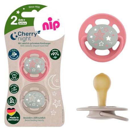 NIP Cherry Latex Schnuller Rund Leuchtend 4 Stück Set (2x2) Gr.2 (6 M +, Night leuchtend) Stillfreundlich, Größe 2, ab 6 Monate