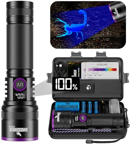 Shadowhawk 365nm UV Taschenlampe Mit Filterlinse - 30W Schwarzlicht 4-Kern Aufladbar UV Lampe, UV Licht Flashlight Für Bernstein/Tierurin-Test/Resin Härten/Scorpions/Geldscheinprüfung, Mit LCD-Display