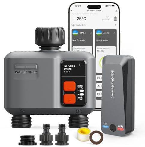 johgee Bewässerungscomputer WLAN 2 Ausgänge mit 300M RF-Technologie, 2er-Packu Bewässerungsuhr für Gartenbewässerung Kompatibel mit Alexa & Smart Life App, Automatischem Bewässerungssystem für Garten