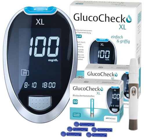 GlucoCheck XL Blutzuckermessgerät (mg/dL) inkl. 110 Teststreifen, 10 Lanzetten, 1 Stechhilfe, 1 Etui, (Standard-Maßeinheit mg/dL)