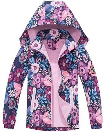 NATUST Mädchen Gefütterte Regenjacke Kinder Winddicht Übergangsjacke Jungen Warm Atmungsaktiv Softshelljacke mit Abtrennbare Kapuze 3D Blumendruck 134-140/140