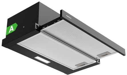 magicplux Flachschirmhaube Dunstabzugshaube 60 cm Schwarz, 370 m³/h Abluft/Umluft, Energieeffizienzklasse A, LED-Beleuchtung, nur 60/65 dB(A), inkl. Aktivkohlefilter