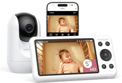 Momcozy BM04 Video Babyphone mit Kamera & App, 1080P 5-Zoll WLAN Babyfone Monitor, 4X Zoom, Bewegungs- & Weinerkennung, sicherer Zaun, klare Nachtsicht, 2-Wege-Gespräch, Foto- & Videoaufzeichnun