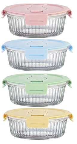 S.ROKE TTAN 370ml Klein Runde Glasbehälter Mit Deckel Und Löffel, 12oz Runde Klein Meal Prep Gläser für Büro, Schule, Outdoor, BPA-frei, Mikrowellen, Gefriergeeignet, Ideal für Obst, Lunch(4ER)