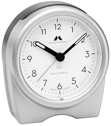Uhren Manufaktur Schwarzwald Funkwecker, analog, leises Uhrwerk, mit Schlummerfunktion (Snooze) und ansteigendem Alarm (Crescendo), Farbe:Silber