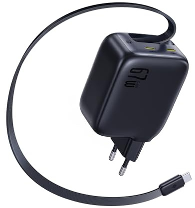 Baseus Enercore USB C Ladegerät 67W mit ausziehbaren Kabel, 65W GaN Netzteil mit 2X USB C, kompaktes Schnellladegerät kompatibel mit MacBook Pro, Dell, HP, iPad, iPhone 17/16/15/14, Galaxy S25