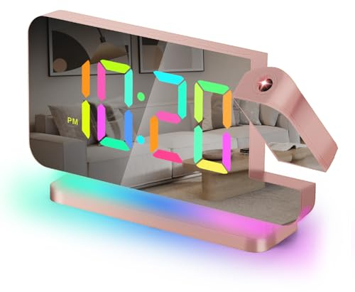 Projektionswecker,7,4” LED-Spiegel-Digitaluhren,Großes Display,180°Projektor,RGB-Nachtlicht,USB-C-Anschluss,automatischem Dimmer,Tischuhr für Schlafzimmer mit tiefem Schlaf,Teenager,Erwachsene,Mädchen