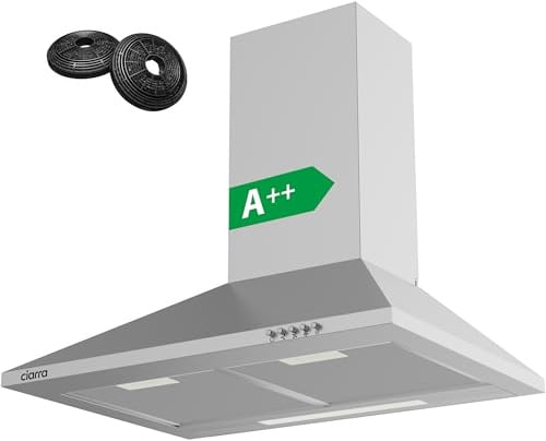 CIARRA CBCS6201 A++ Dunstabzugshaube 60 cm Umluft 370 m³/h Silber Edelstahl Pyramide Wandmontage Wandhaube mit CBCF002X2 Aktivkohlefilter 3 Leistungsstufen Abluft Abzugshaube