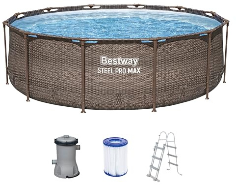 Bestway Steel Pro MAX Frame Pool-Set mit Filterpumpe Ø 366 x 100 cm, Rattan-Optik (Schokobraun), rund