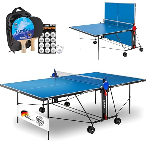 GEWO AWR Tischtennisplatte Outdoor – Wetterfest & klappbar – Melaminharz – ITTF Turniergröße – Mit Netz, Schläger & Bällen – Tischtennistisch - Made in Germany