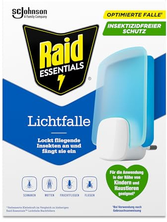 Raid Essentials LED Lichtfalle für Fliegen, Fruchtfliegen & Motten, 24/7 Schutz, Insektizidfrei, Familienfreundlich, Geruchlos & Ohne Rückstände, Für den Innenbereich, 1 Lichtfalle & 1 Nachfüllpackung