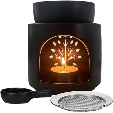 räucherstövchen mit Seib and Schale für Diffuser ätherische öle 120ml Duftlampe Teelicht duftlampe für ätherische öle，Matt Schwarz Keramik weihrauchbrenner.