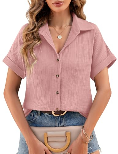 heekpek Musselin Bluse Damen Sommer Blusenshirt V-Ausschnitt Hemdbluse Elegante Oberteile 100% Baumwolle Kurzarm Blusen Tunika Shirt