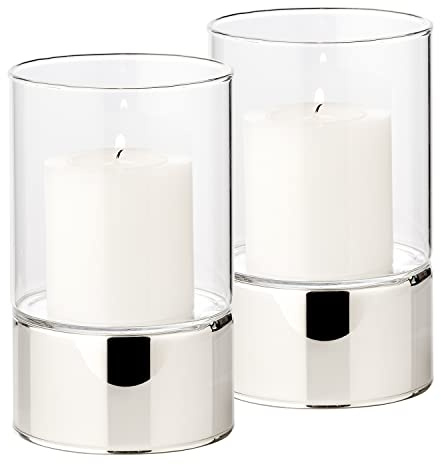 EDZARD Windlicht Glas Granada 2er-Set (H 15 cm, Ø 9 cm), Silberoptik-Fuß | Kelch und Fuß aus einem Stück geformt · kein Metall, keine Klebefuge, nichts das rosten kann · innen wie außen