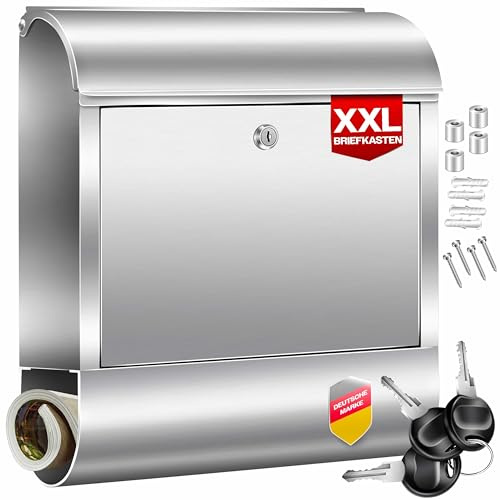 KESSER® Briefkasten XXL Edelstahl Silber, Wandbriefkasten mit Zeitungsfach abschließbar mit 3 Schlüsseln wetterfester Postkasten, pulverbeschichtet moderner Briefkasten für Wandmontage + Montageset