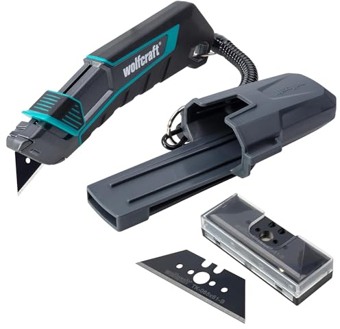 wolfcraft PRO SAFETY Trapezklingen-Messer-Set mit Köcher & Ersatzklingen | Ergonomisches Sicherheitsmesser für Links- & Rechtshänder mit 6 PRO SHARP Klingen, Spiralband und Metallgehäuse, 8669060