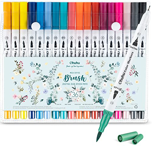 Ohuhu Marker 36 Pinsel & Fineliner wasserbasiert zum Zeichnen & Ausmalen | Doppelspitze für Schattierung Mischung & Detail Geruchslos & Ungiftig Ideal für Malbücher Kalligraphie Zeichnen - Maui