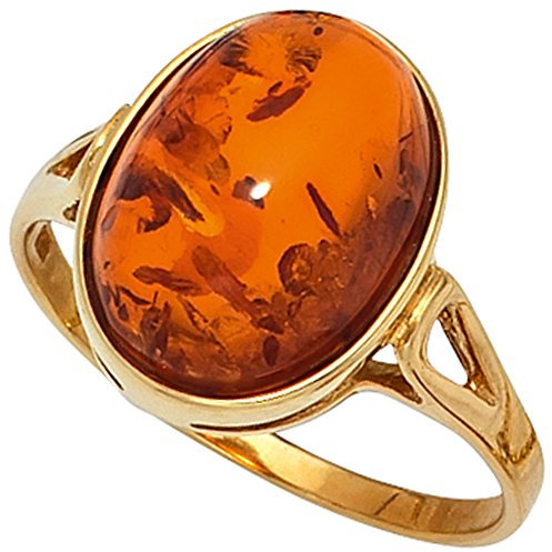 Jobo Damen-Ring breit aus 9 Karat 375 Gold mit Bernstein Oval Größe 62