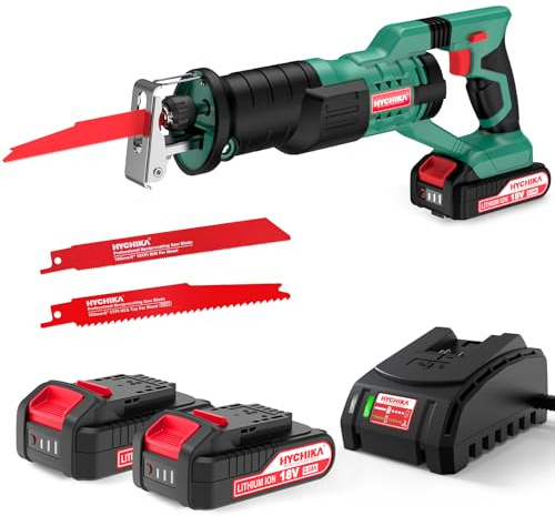 HYCHIKA Säbelsäge, 18V Akku Universalsäge, Reciprosäge mit 2x2.0Ah Batterien, mit variabler Drehzahl von 0-2800 SPM, 2 Sägeblätter, Schnellladegerät, LED Licht,Ideal zum Schneiden von Holz und Metall