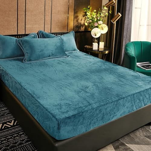 Luofanfei Samt Spannbettlaken 90x200 cm Petrol Warm Winter Boxspringbett Bettlaken Frottee Spannbetttücher Microfleece Flausch Spannbetttuch Set Leintuch 90 x 200 für Hohe Matratze Steghöhe 25-30cm