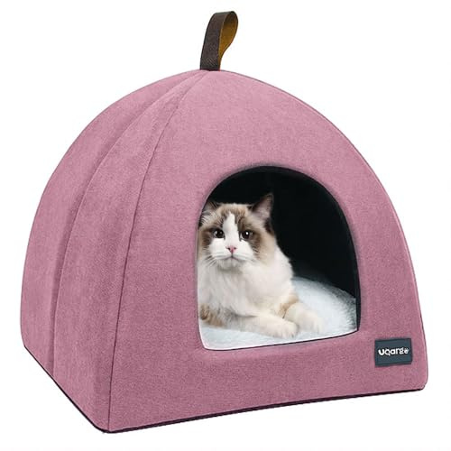 Voarge Katzenhöhle Katzenbett, weiche Katzenhöhle, weiche warme Plüsch-Katzenbetten, Katzennest mit herausnehmbarem Innenkissen (Rosa S)