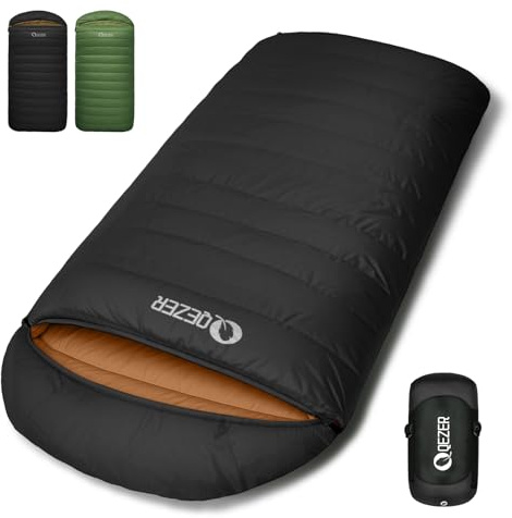 QEZER XXL Daunenschlafsack 3-4 Jahreszeiten extra großer Schlafsack 230cm x100cm, leicht und warm Daunen Schlafsack geeignet für Erwachsene im Freien Camping, Wandern und Rucksackreisen (schwarz)