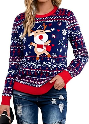 Litherday Weihnachtspullover Damen Weihnachten Strickpullover Christmas Sweater Rundhals Langarm Rentier Schneeflocken Muster Weich Pullover Weihnachtsfeier Winter