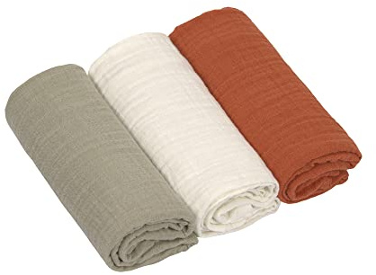 LÄSSIG Baby Puckdecke Spuckdecke Pucktuch Mulltuch 3er Set Baumwolle 60 x 60 cm/Swaddle & Burp Blanket M Olive/Milky/Rust