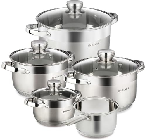 Daniks Standard 9-teiliges Edelstahl Kochgeschirr Induktion, Töpfe 16/18/20 cm mit Glasdeckel, Stielkasserolle, Suppentopf/Nudeltopf/Pastatopf, Silber