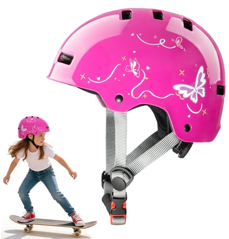 DUZSKJ Verstellbarer Kinderfahrradhelm für Mädchen, Kleinkinder und Jugendliche, Schutzhelm für Skateboard, Fahrrad, Roller, Inline-Skates und Radfahren (Rosa & Schmetterling, S)