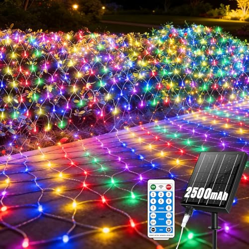 GCMacau 2500mAh Solar Lichternetz Außen, 3x2m 204 LED Lichterkette Außen Netz Bunt, Lichterkette Wasserdicht Mit 8 Modi & Timer und Speicher für Zimmer Balkon