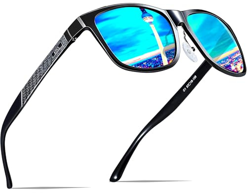 ATTCL Sonnenbrille Herren Polarisiert Für Autofahren: UV400 Schutz Leicht AL-MG Rahmen Verspiegelte Scheibe Wanderung Reise 8587 Schwarz Blau Verbessert