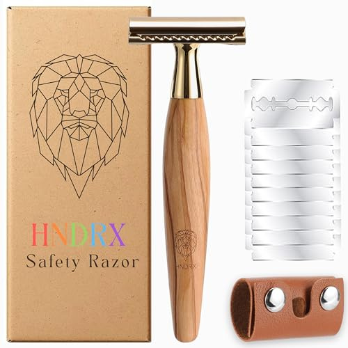 HNDRX® Rasierhobel Herren Safety Razor Damen Nassrasierer aus Olivenholz 30° Winkel inkl. 10 Japanische Rasierklingen & Leder-Klingenschutz (Lightwood Oak)