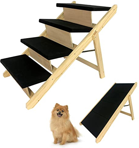 Aufun 2-in-1 Hunderampe, Haustiertreppe Hundetreppe Faltbar rutschfest | bis 80 kg Tiertreppe Kiefernholz, Landeplattform schließt nahtlos an, für Katzen große und kleine Hunde