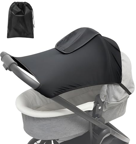 Sonnensegel Kinderwagen UV Schutz 50+, sonnensegel für kinderwagen mit Ziehseil-Aufbewahrungstasche, Verstellbar Universal sonnenschutz buggy mit Sichtfenster, Einfache Montage (Schwarz)