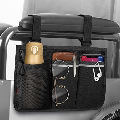 FINPAC Rollstuhltasche für Armlehne - Rollstuhlsack | Rollstuhl Tasche mit reflektierenden Streife Namenskartenfach für Walker, Mobility Scooter, Rollatoren, (Schwarz)