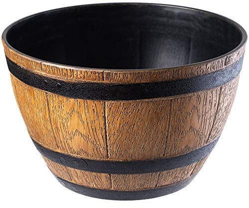 KADAX Pflanztopf im Holzfass-Design, ø 40 cm, ca. 25L, aus wetterfestem Kunststoff, für Garten, Terrasse & Balkon, dekorativer Blumentopf, Blumenkübel oder Übertopf, Hellbraun, Teich mit Wassereimer