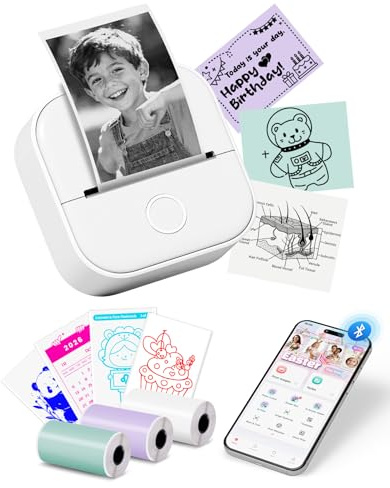 Mini Thermodrucker Aufkleber Drucker, T02 Bluetooth Tragbare Thermodrucker | Mini Drucker, Lerngrafiken für Gymnasiasten, Universitätsstudent, Minidrucker mit 3 Rollen Thermopapier Selbstklebend