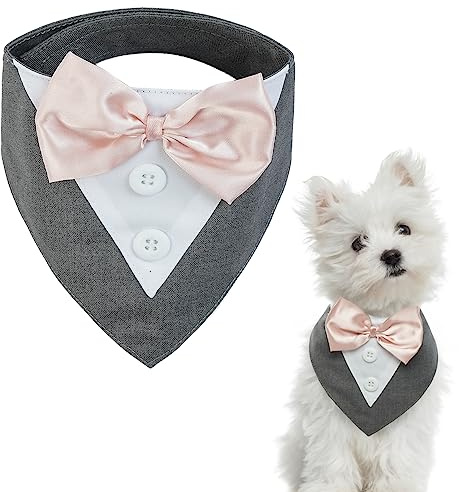 Kuoser Hundehalstuch, Hunde Fliege Hochzeit, Hunde Smoking Bandana, Grau S | Verstellbares Hundehalstuch mit Fliege im Smoking-Stil für kleine Hunde, ideal für Hochzeit, Geburtstag & Party