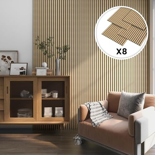 NEU.HOLZ Akustik Wandpaneele Vang 8er Set Wandverkleidung zum Kleben und Schrauben 5,76 m² Holzfurnier 3D Paneele Lamellen in Eichenoptik, hell