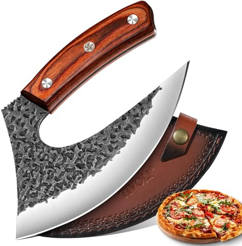 TIVOLI Professioneller Pizzamesser mit scharfer rostbeständiger Klinge aus Kohlenstoffstahl Pizza Axt aus hochwertigem Kohlenstoffstahl, Handgefertigte Pizzaschneider mit Lederscheide
